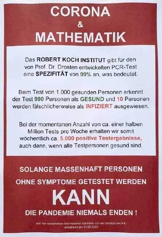 PCR Test , die Mathematik führt zu positiven Tests auch bei 100% gesunden Menschen