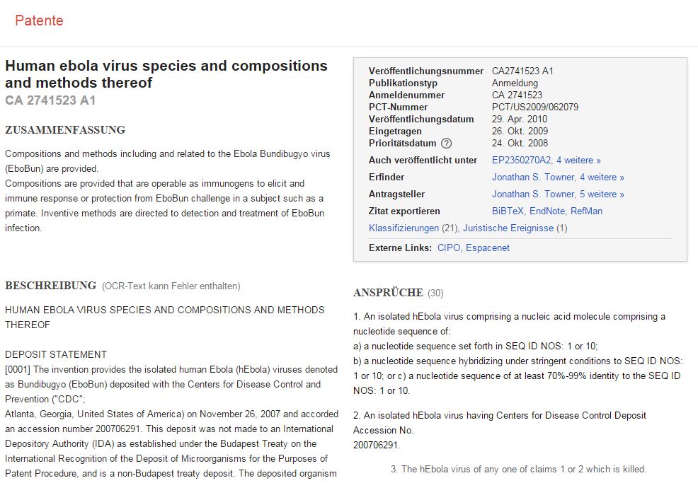 ebola patent in den usa