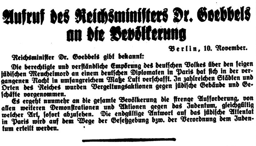 Aufrufs Goebbels an das deutsche Volk den Boykott gegen Judengeschäfte einzustellen